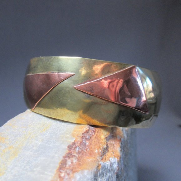 Twin Triangles Cuff, Geometric Copper on Bronze Bracelet - Picture 4 of 6